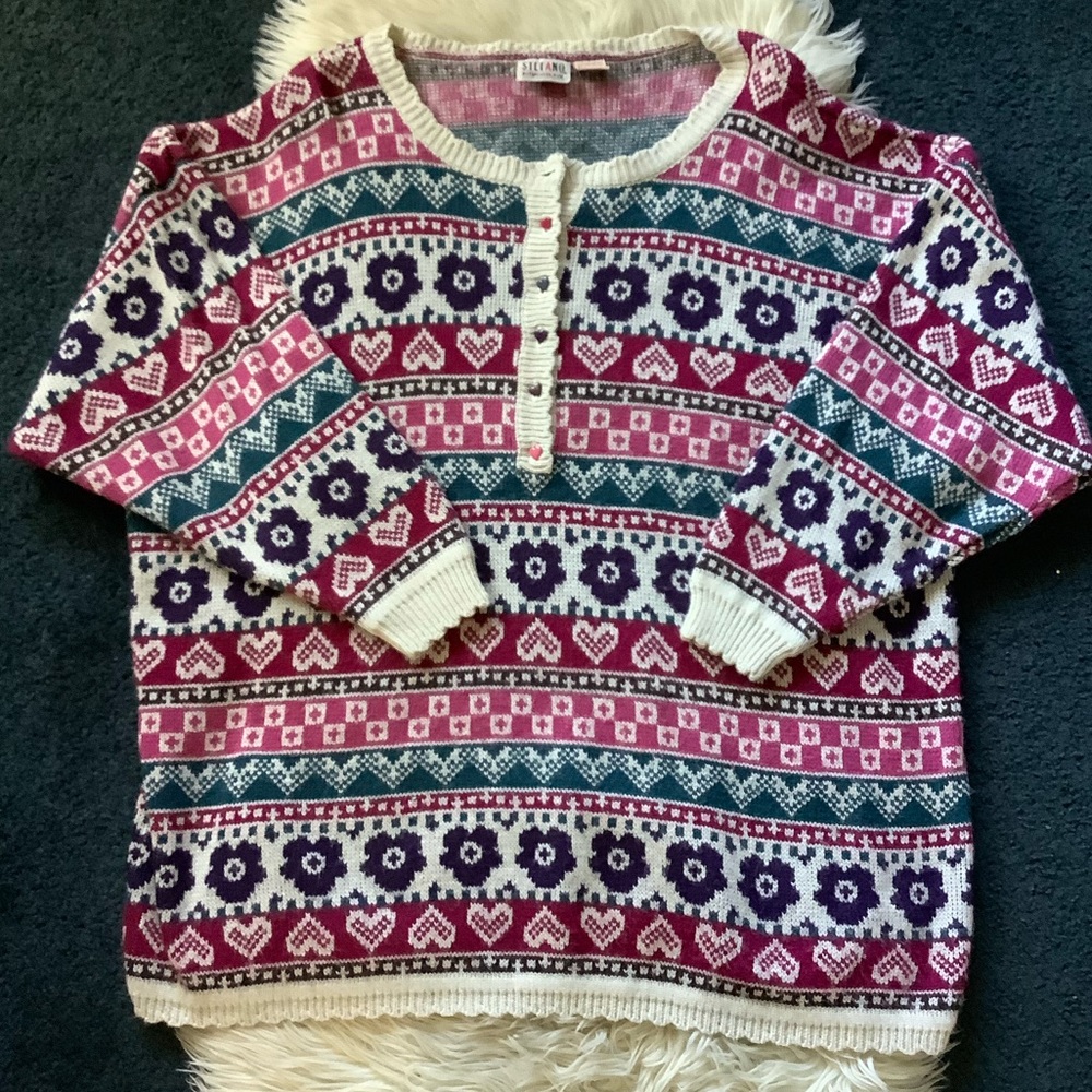 Vintage heart & flower knit sweater oversized 'one size' green, pink, cream